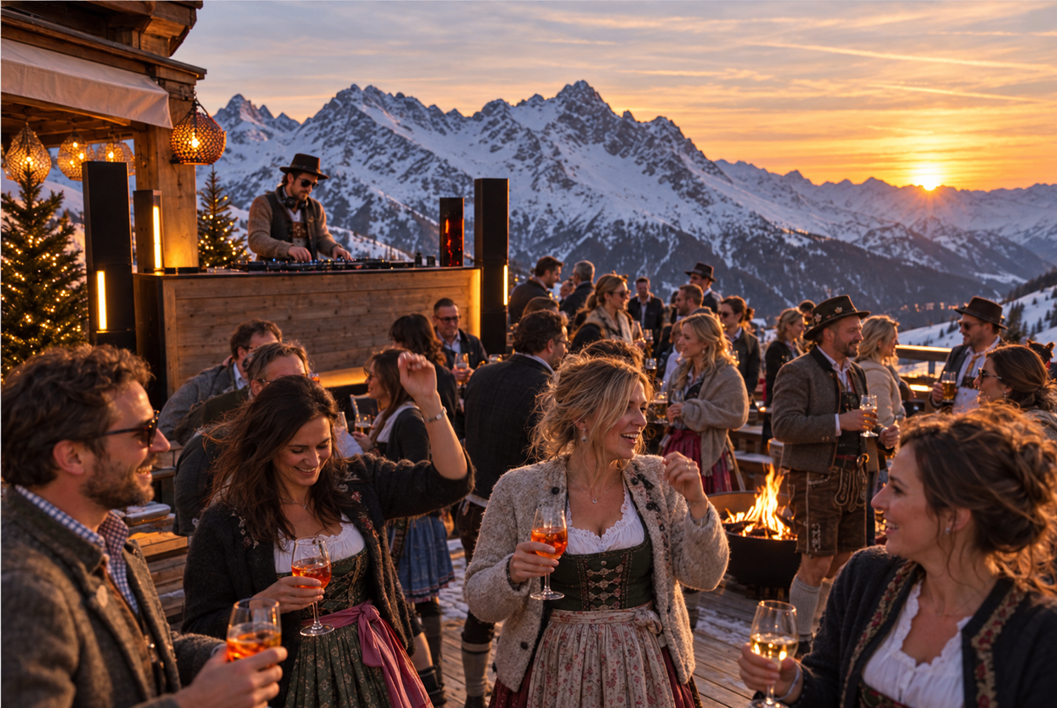 Guests in Tyrolean dress toasting with drinks on a sunlit mountain terrace beside a DJ booth and fire bowl