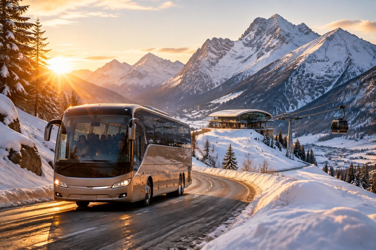A coach travelling along a snowy alpine road towards the gondola