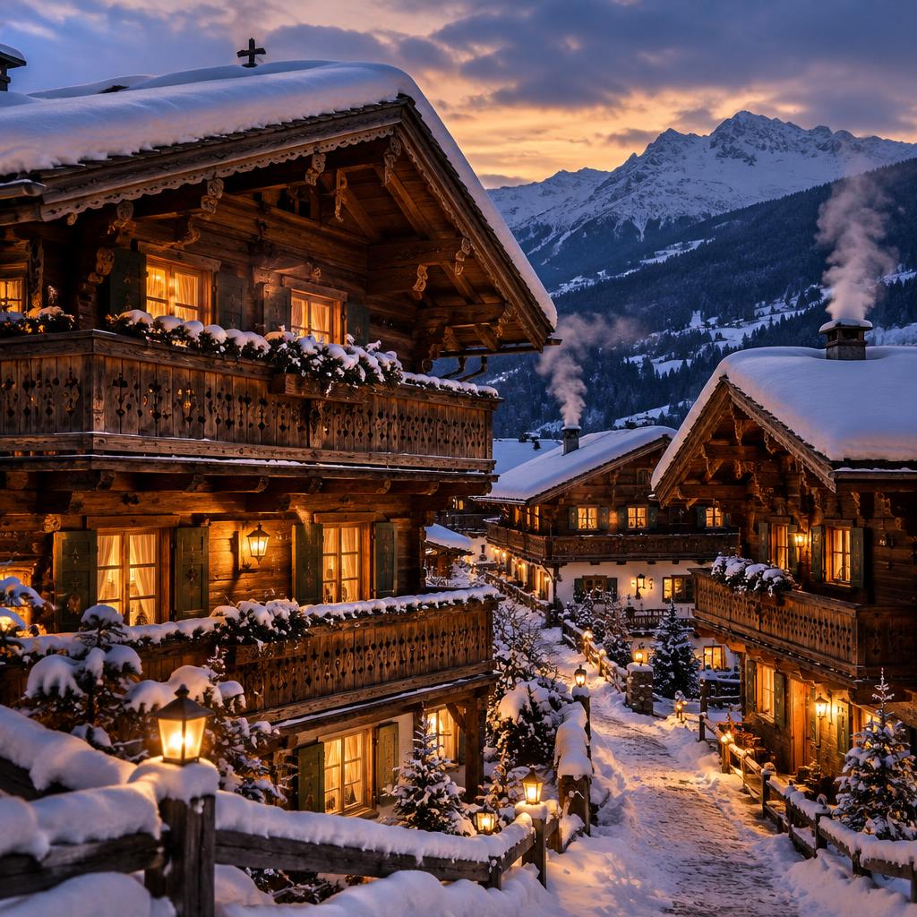 Snow-covered timber houses and warm lanterns in Alpbach