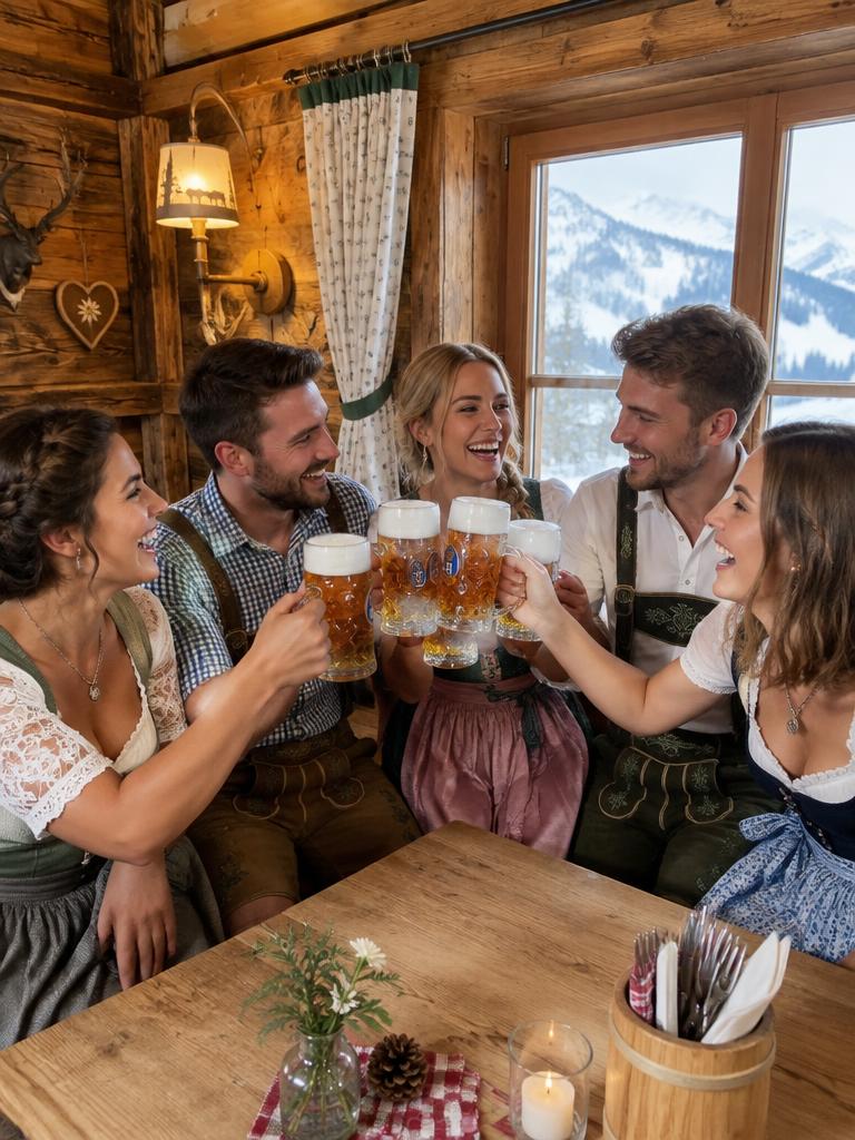 Friends in Dirndls and Lederhosen raising beer steins in a mountain hut