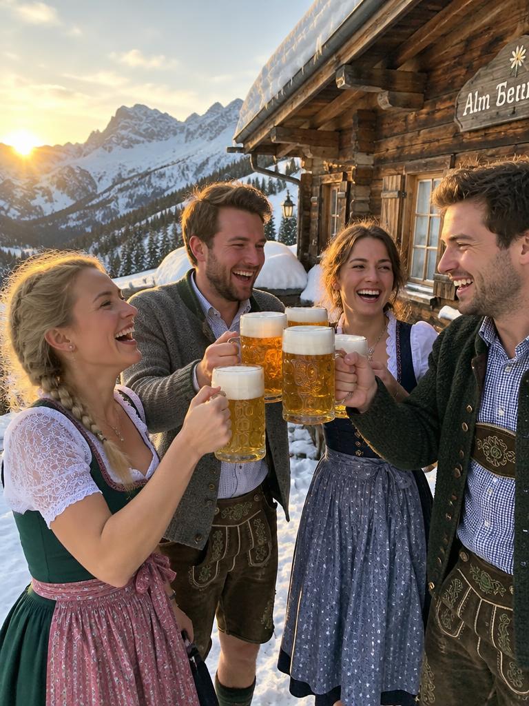 Friends in Tyrolean dress toasting outside a hut at sunset
