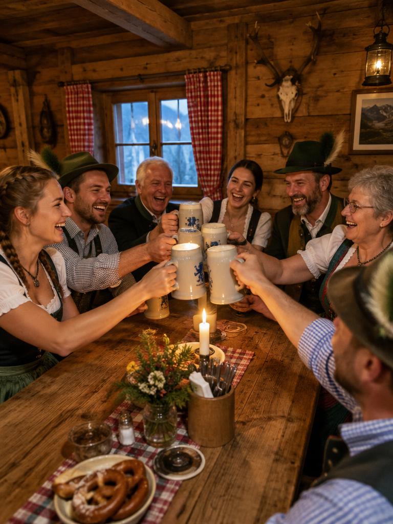 Friends of all ages toasting around a long wooden table