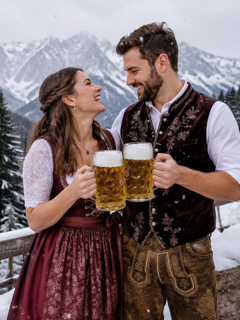 Couple in a burgundy Dirndl and embroidered waistcoat toasting in the snow