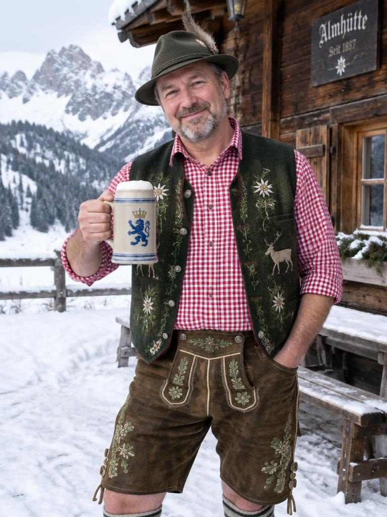 Checked shirt, embroidered waistcoat, Lederhosen and felt hat