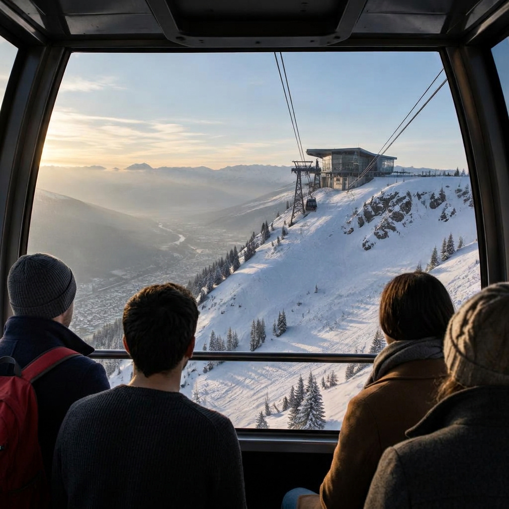 Guests in everyday winter clothes ascending above the snowy valley in a gondola