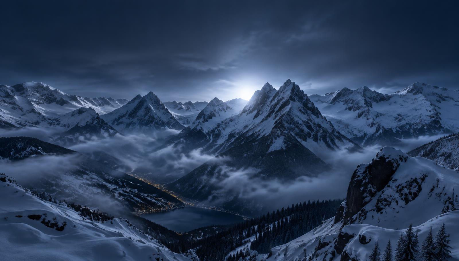 Snow-covered Alpine peaks at twilight with a mysterious glow beyond the mountains