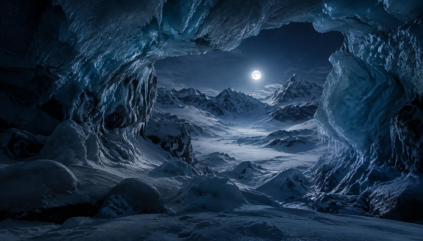A hidden ice passage opening onto a moonlit mountain valley