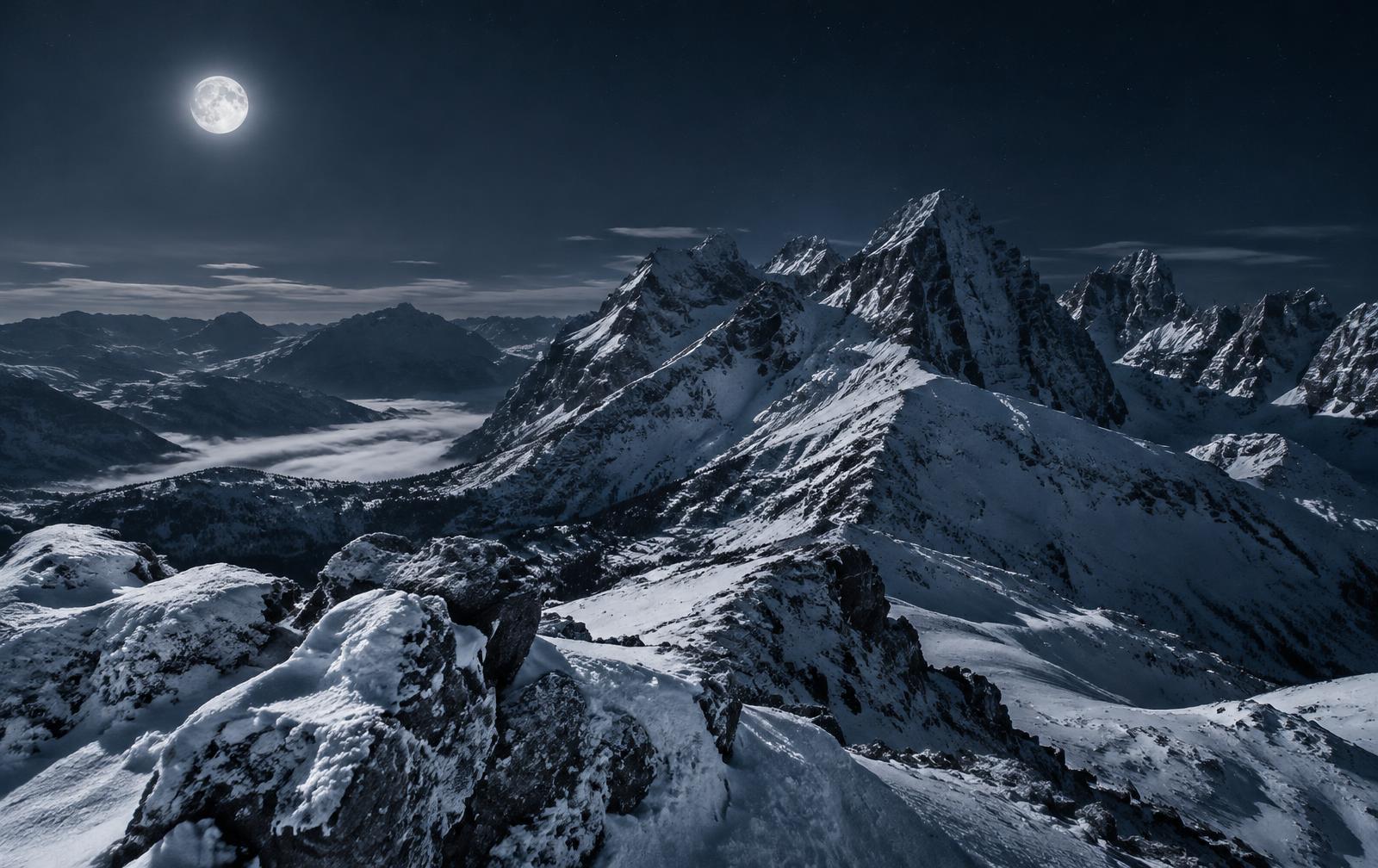 Silver-blue mountain peaks beneath a winter moon