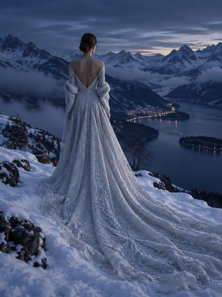 A woman in a flowing silver couture gown seen from behind on a snowy mountain ridge