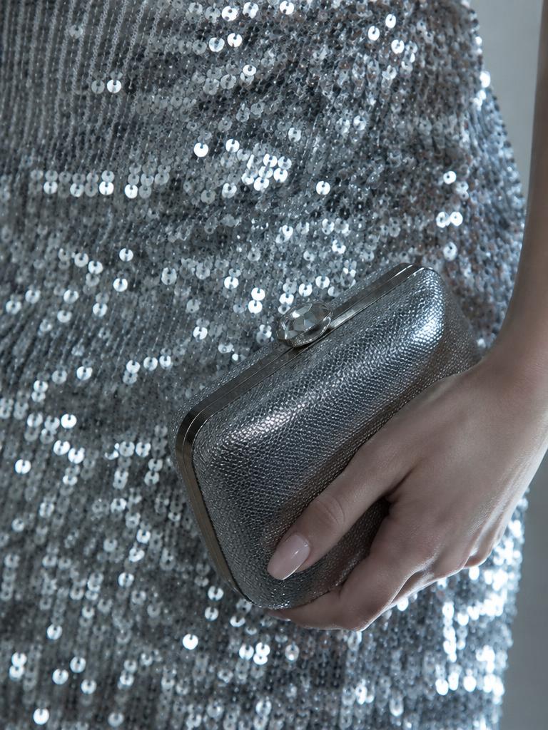Silver sequins and a metallic evening clutch
