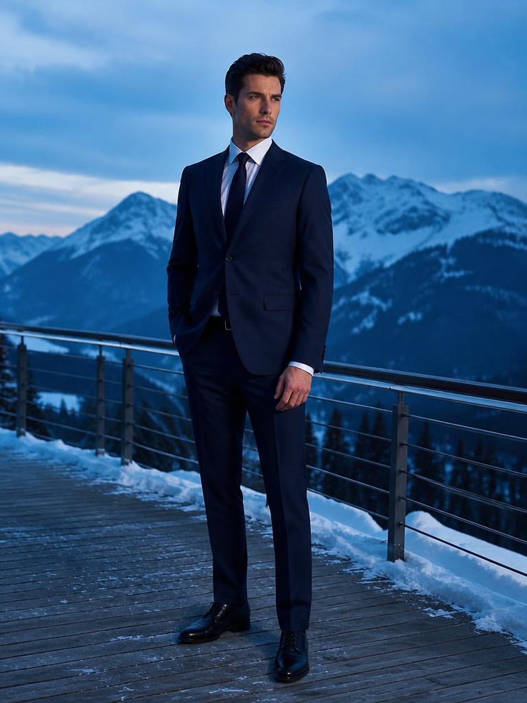 Midnight-blue tailored suit on a mountain terrace