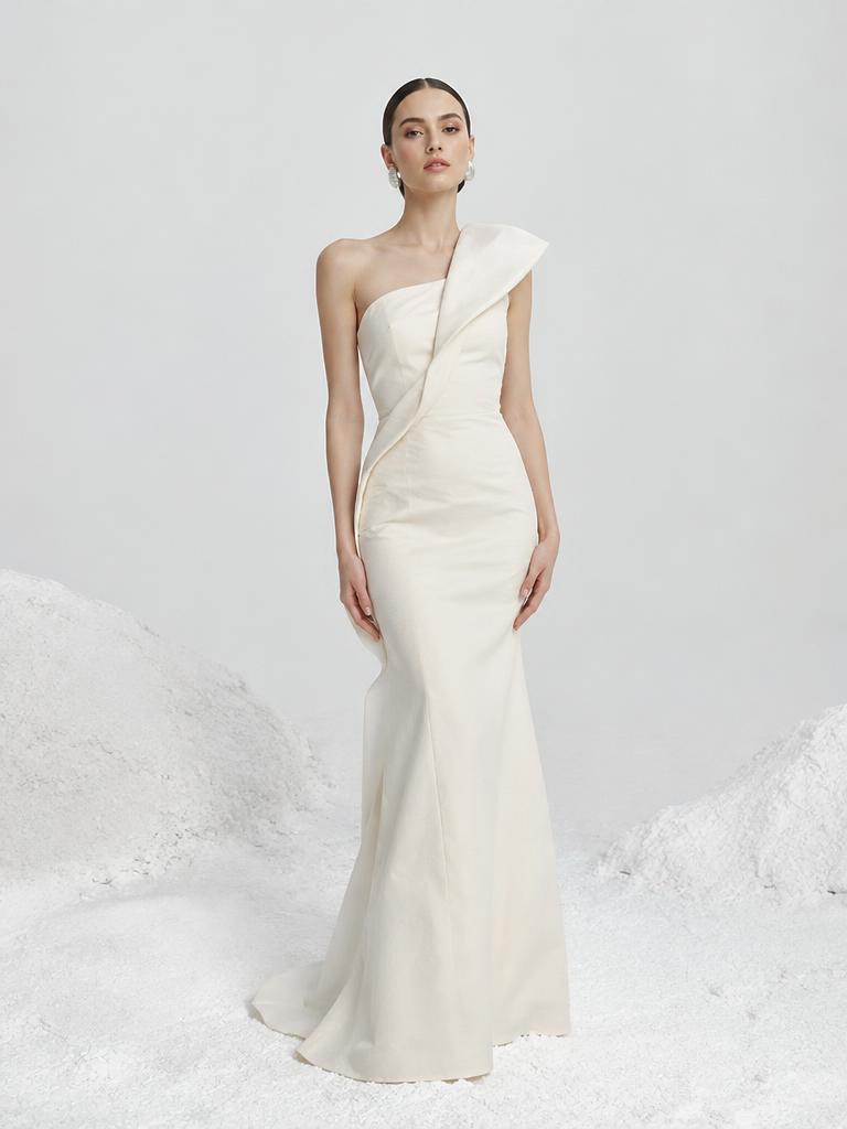 Asymmetrical one-shoulder ivory evening dress