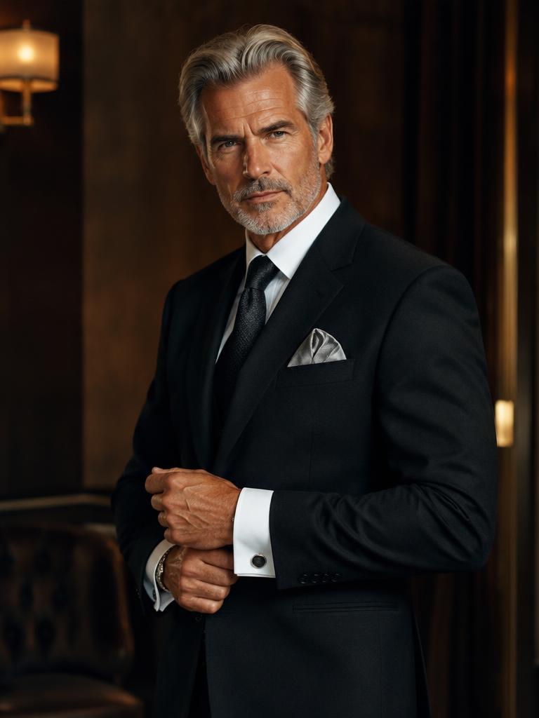 Black suit with silver pocket square and cufflinks
