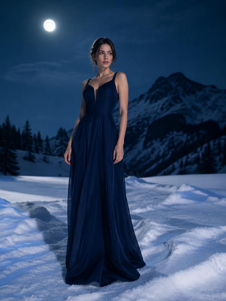 Midnight-blue gown under a winter moon