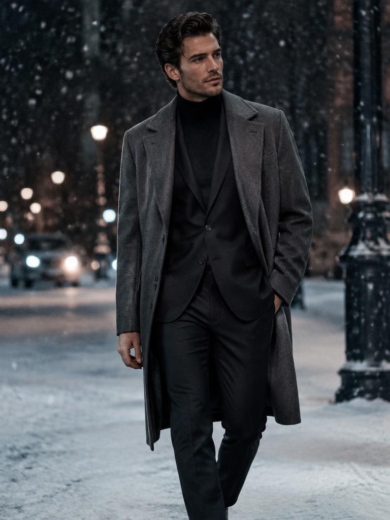 Dark suit, turtleneck and grey wool overcoat