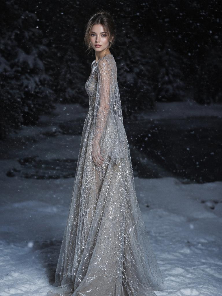 Shimmering silver gown with crystal details in falling snow