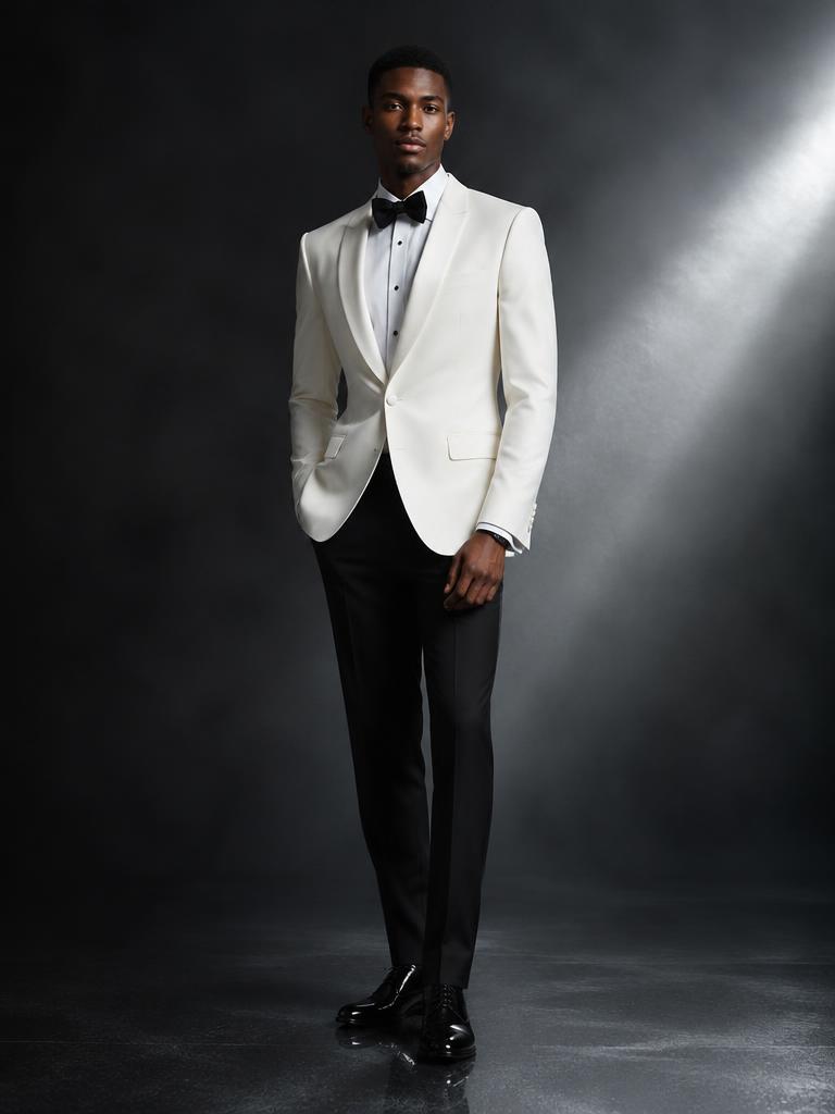Ivory dinner jacket with black trousers and bow tie