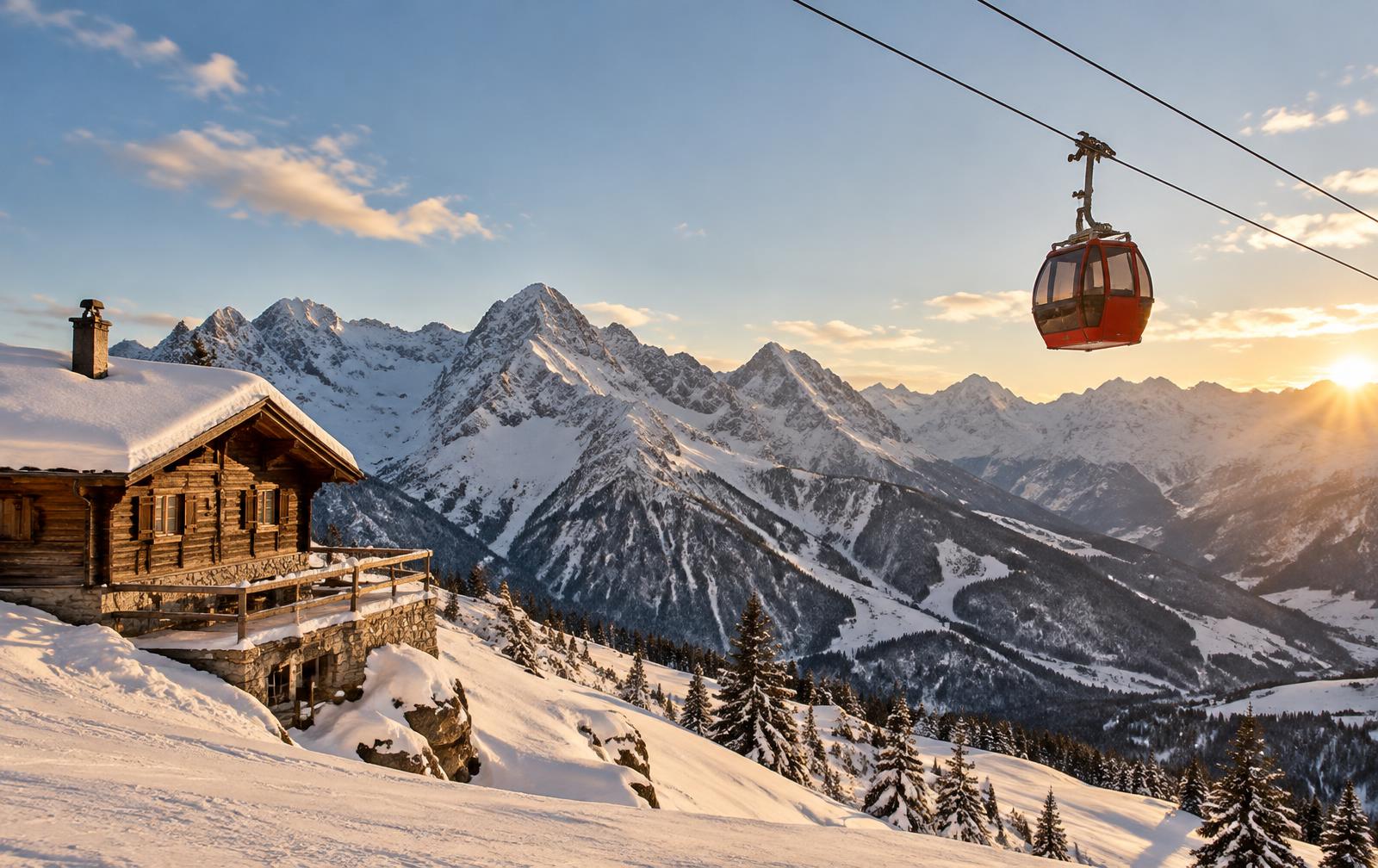 Snowy Tyrolean mountains and a gondola